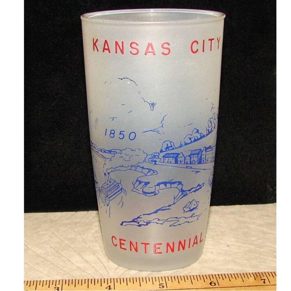 Vintage Frosted Glass Tumbler, 1850-1950 Kansas City Centennial, 100 Year Anniv.